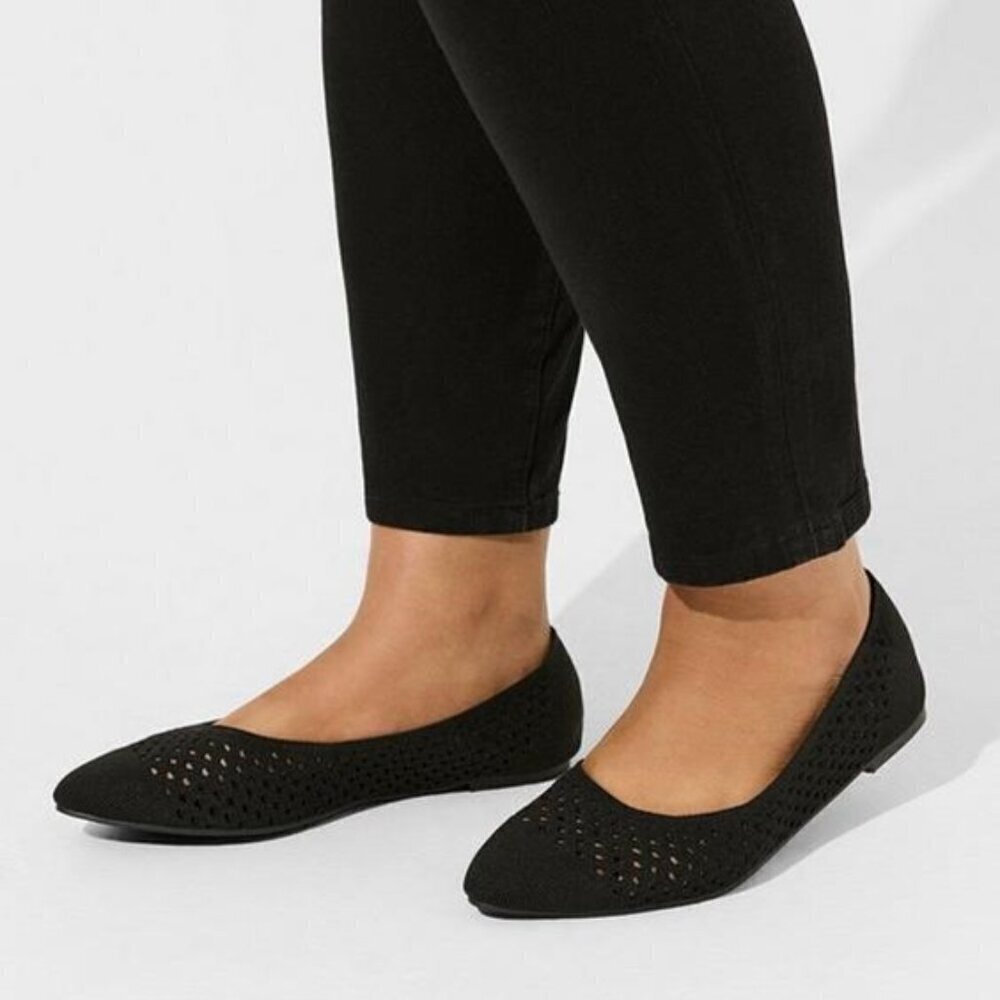Torrid - 11.5 WW, Almond Toe Fly Knit Flat (Wide Width) in Black​​​​​​